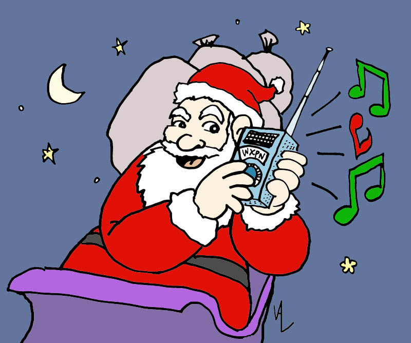 cartoon portrait of Santa Claus, nemesis of Bah & the Humbugs, listening to WXPN on his terrestrial radio
